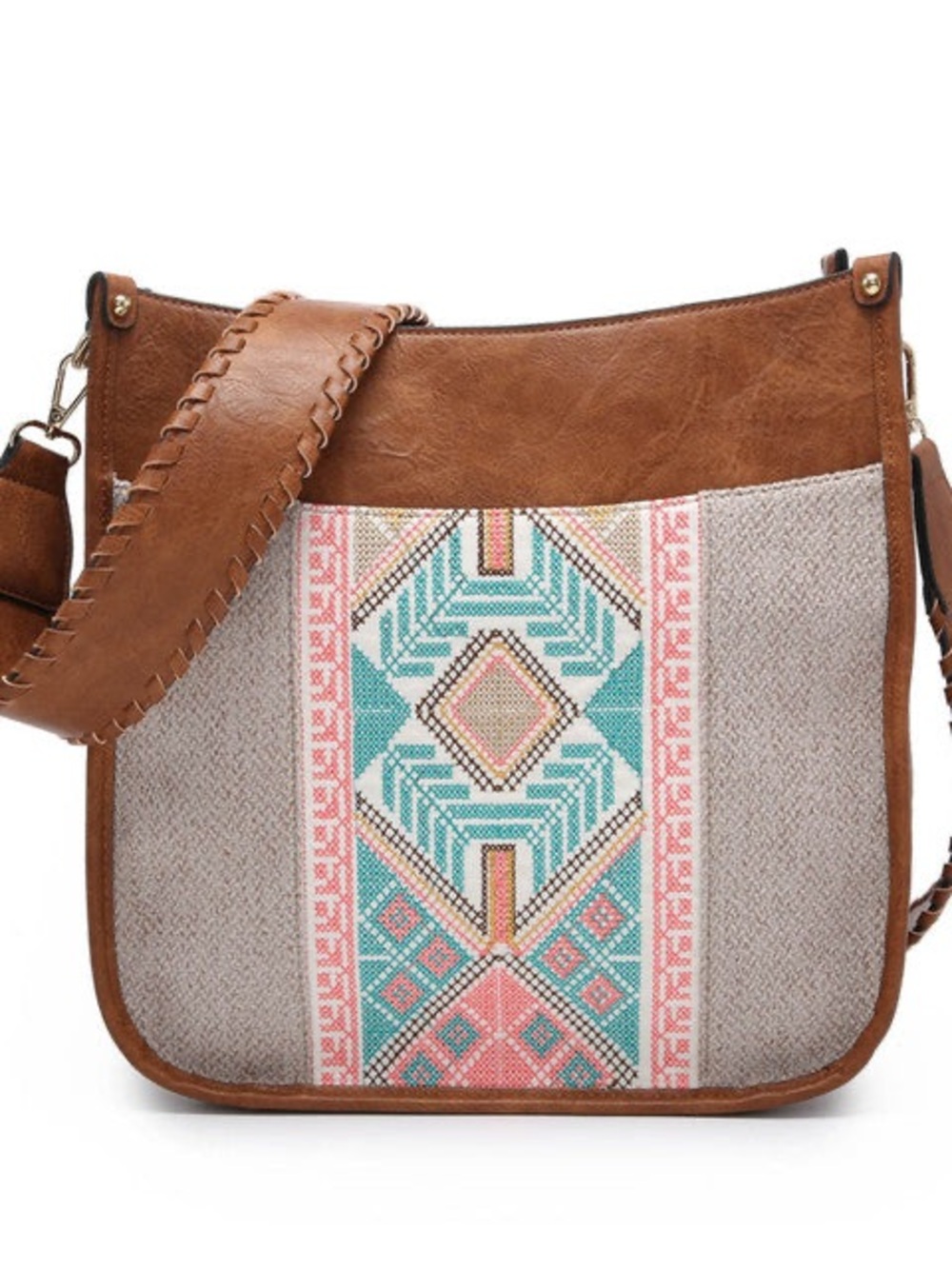 Jen & Co Boho Embroidered Crossbody Bag - Tan with Mint & Pink Accent NWT Vegan